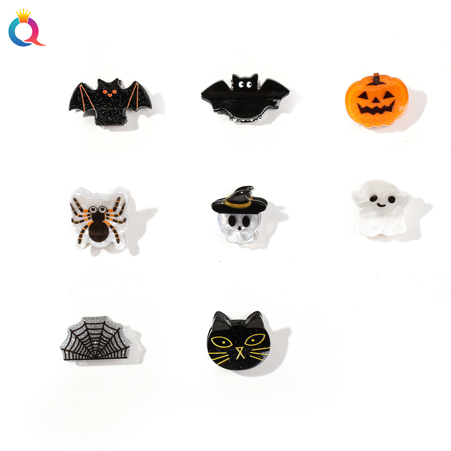 Qiyue Cross-border European and American Halloween Trumpet Clip, ins acrylic bangs clip, broken hair clip, Pumpkin ghost hair clip Item Picture