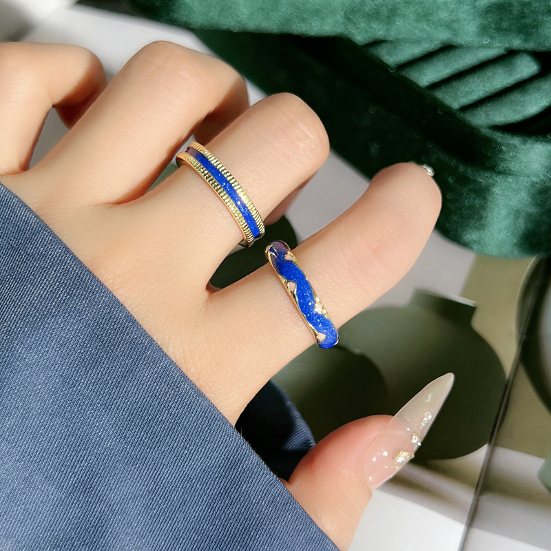 Simple and romantic starry sky blue drip glaze personalized open ring for women, fashionable and niche design sense, cold style couple ring details Picture