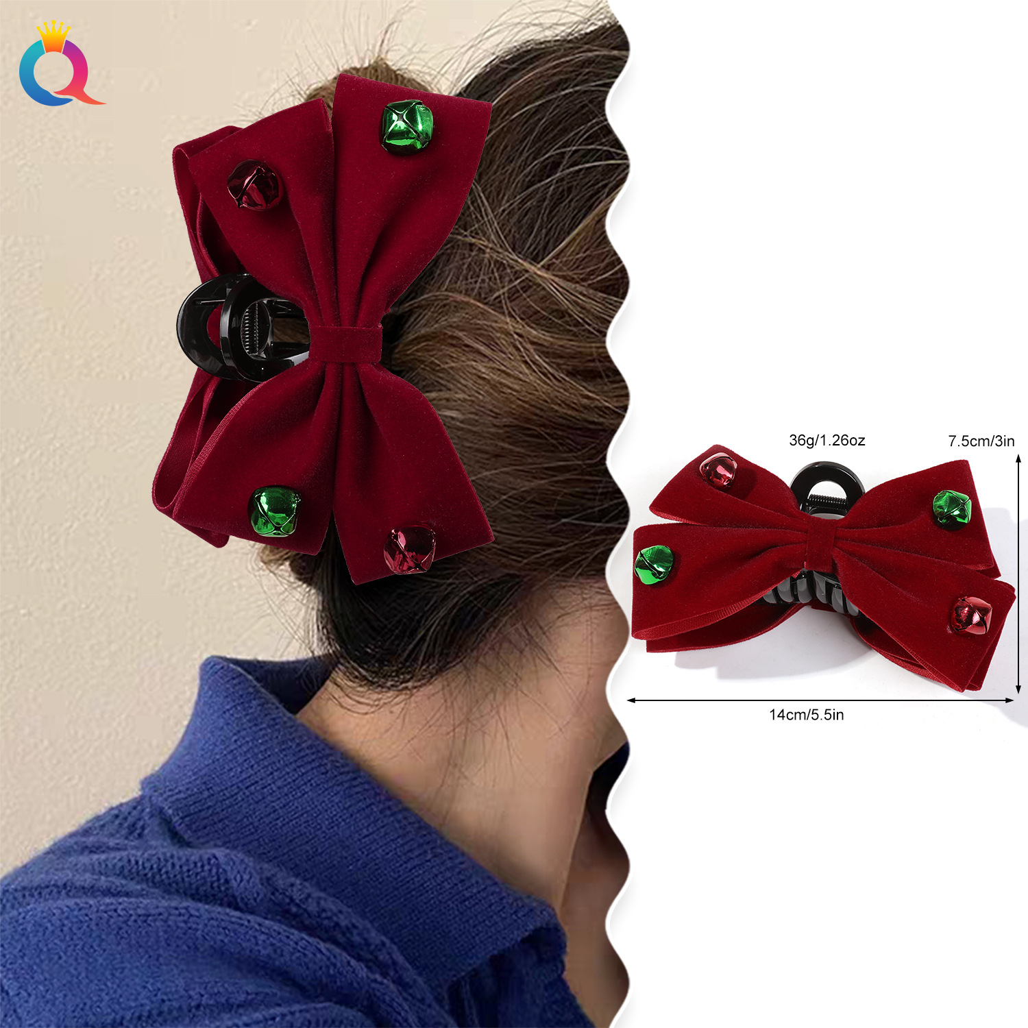 Wholesale of Qiyue cross-border velvet bow ties, hair clips, bell hair curls, hair clips, women's back head hair ties, shark clips, hair accessories details Picture