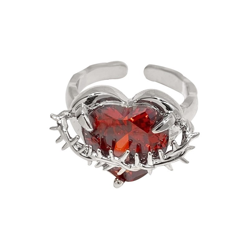 ins Cold style red heart-shaped zircon thorny open ring for women's niche design, high-end and personalized food ring Item Picture