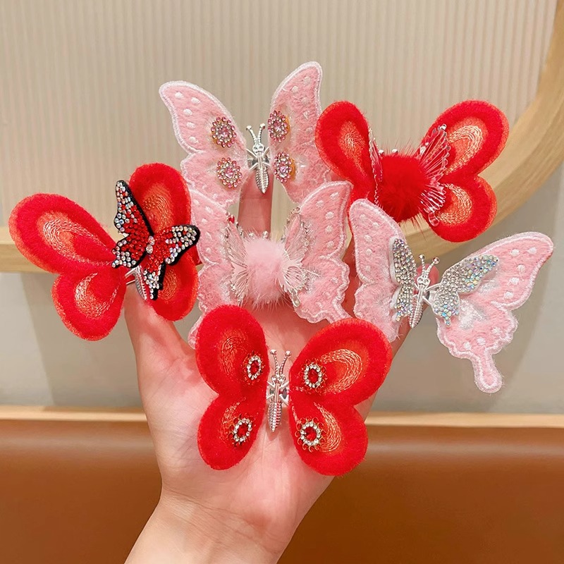 Children's New Year hair accessories for autumn and winter, plush red hair clips with diamonds, girls' lively and moving butterfly hair clips and hairpins full figure