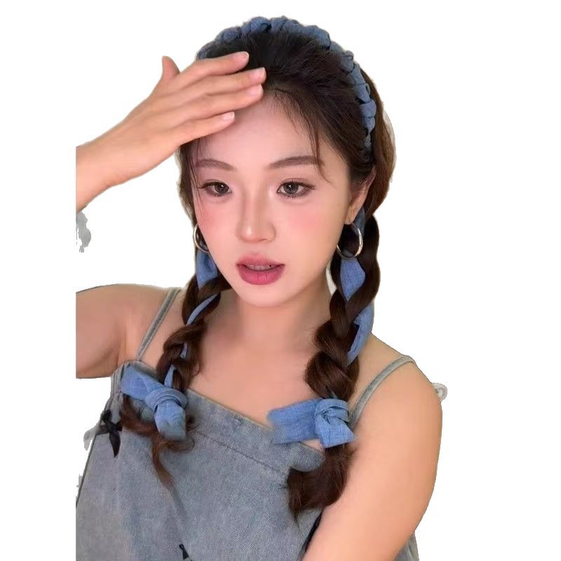 Denim ribbon ~ New summer cool-feeling twisted knot sweet and spicy girl full tied teeth comb ribbon headband Item Picture