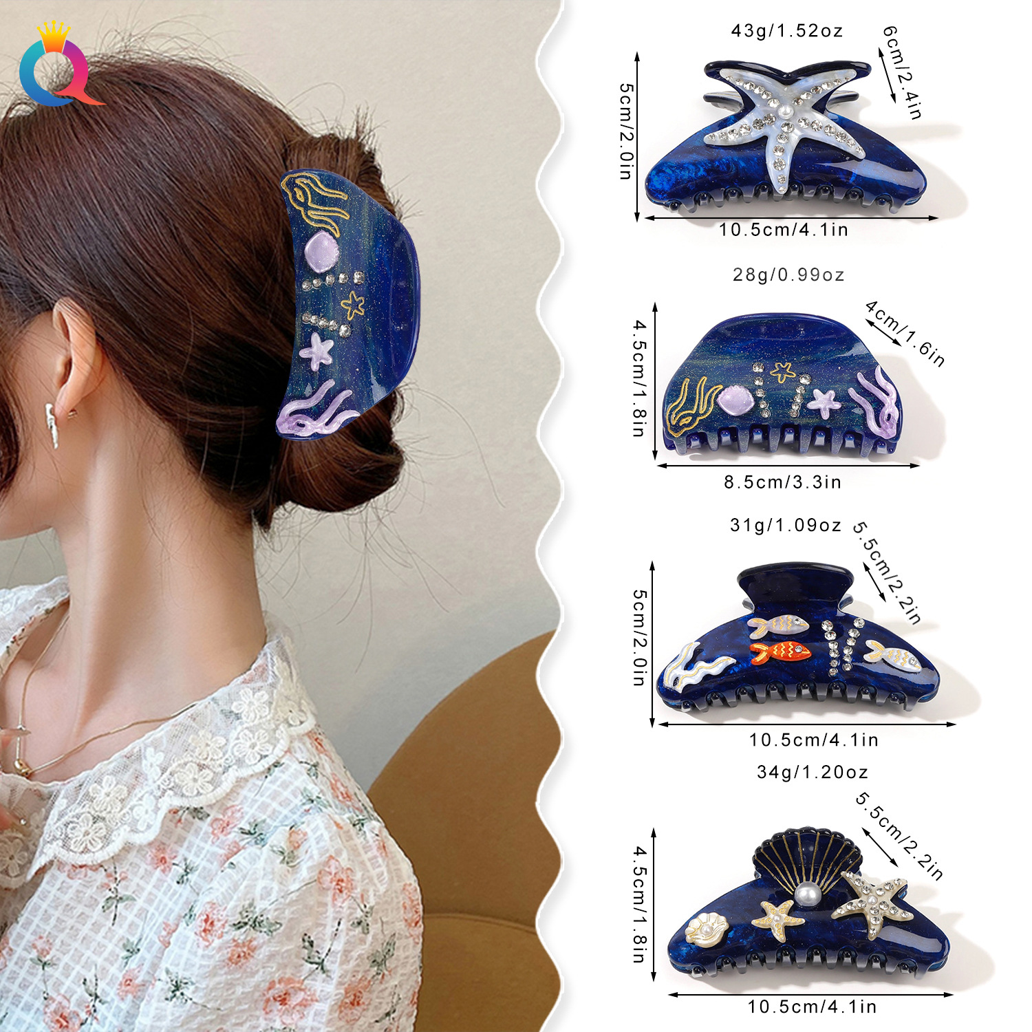 Qiyue Niche Ocean hair clips, high-end acrylic hair curls, heavy Industry imitation acetic acid shark hair clips wholesale details Picture