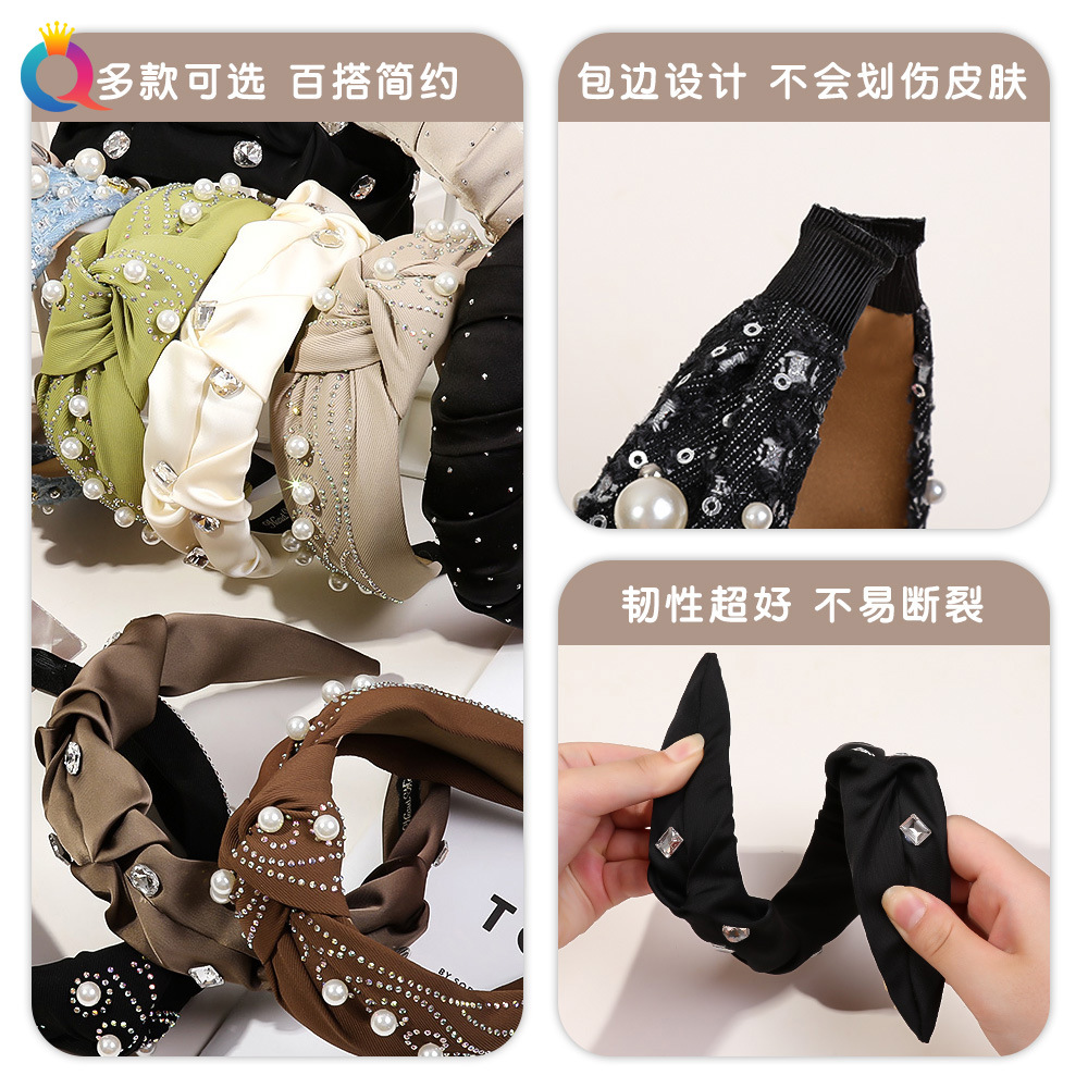 Qiyue Premium hair bands, high skull top water diamond headbands, high-end face-washing hair holes, high-end and elegant hair clips and hair accessories wholesale Specification drawing