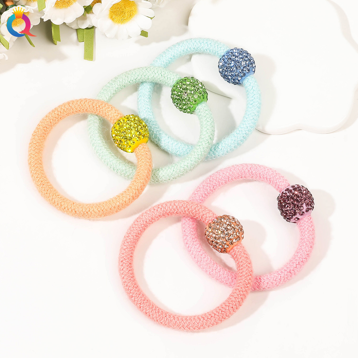 Qiyue Cross-border Autumn and Winter plush hair bands, high-elasticity rhinestone hair ties, leather band hair ties, Maillard hair accessories wholesale details Picture