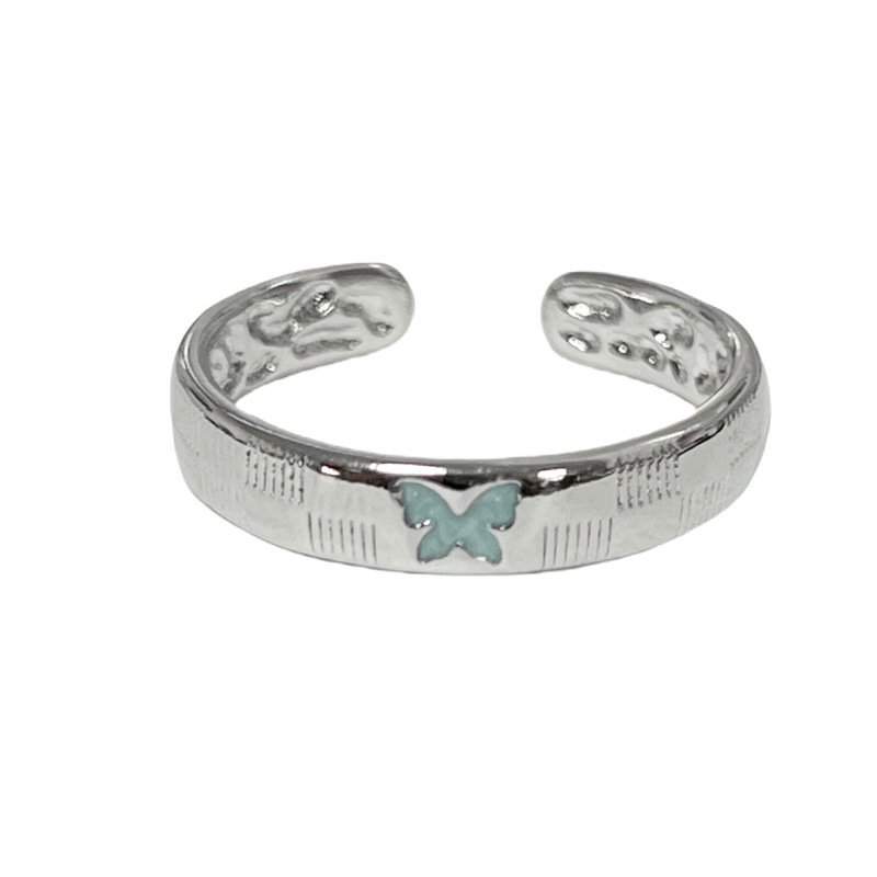 New simple checkered blue butterfly couple rings, high-end brushed style, fashionable and cold style index finger rings Item Picture