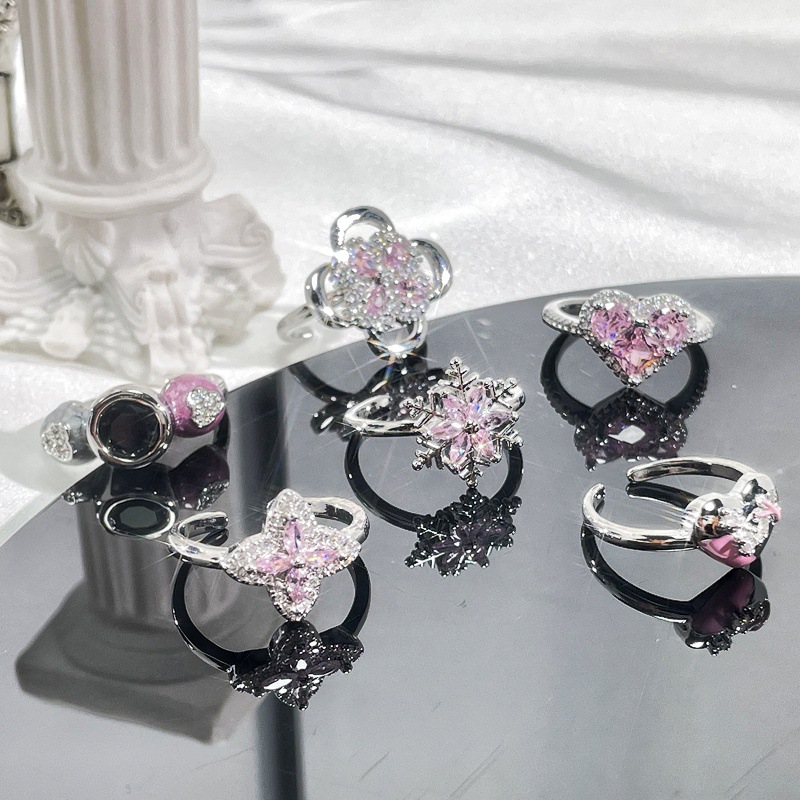 Sweet and cool, niche design, cold style, pink diamond zircon open ring, simple, fashionable and exquisite index finger ring for women full figure