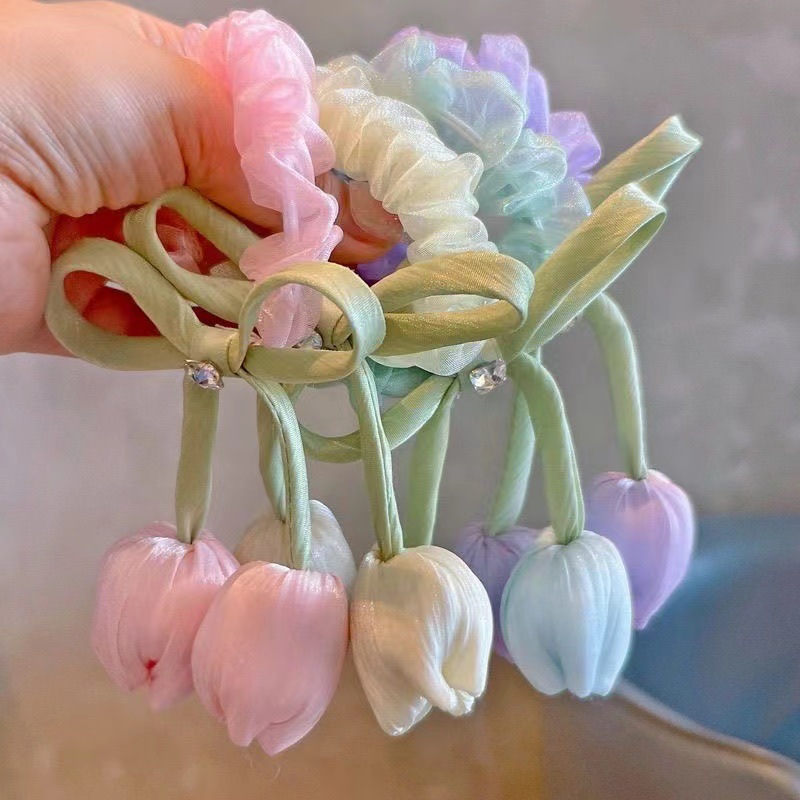 Korean-style tulip ribbon, large intestine hair band, high-end feminine hair tie, leather band, ponytail, elegant hair tie, flower headwear details Picture