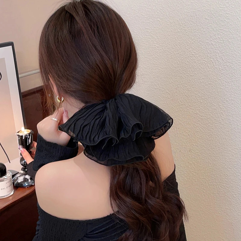 Korean version super fairy mesh pleated pearl oversized large intestine hair band 2025 new style hair tie headband, high-end hair accessory Specification drawing