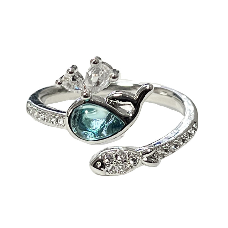 Fashionable new dreamy blue little whale, elegant and unique open ring, sweet and cool fishtail, simple and exquisite index finger ring Item Picture