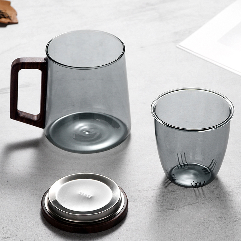 High borosilicate glass cup three-piece set, tea and water separation tea cup, personal dedicated office tea cup, wooden handle water cup details Picture