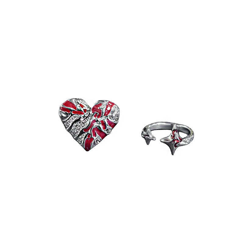 Irregular-textured red heart-shaped glazed open ring for women on Instagram, a cool and fashionable, individual and trendy food ring Item Picture