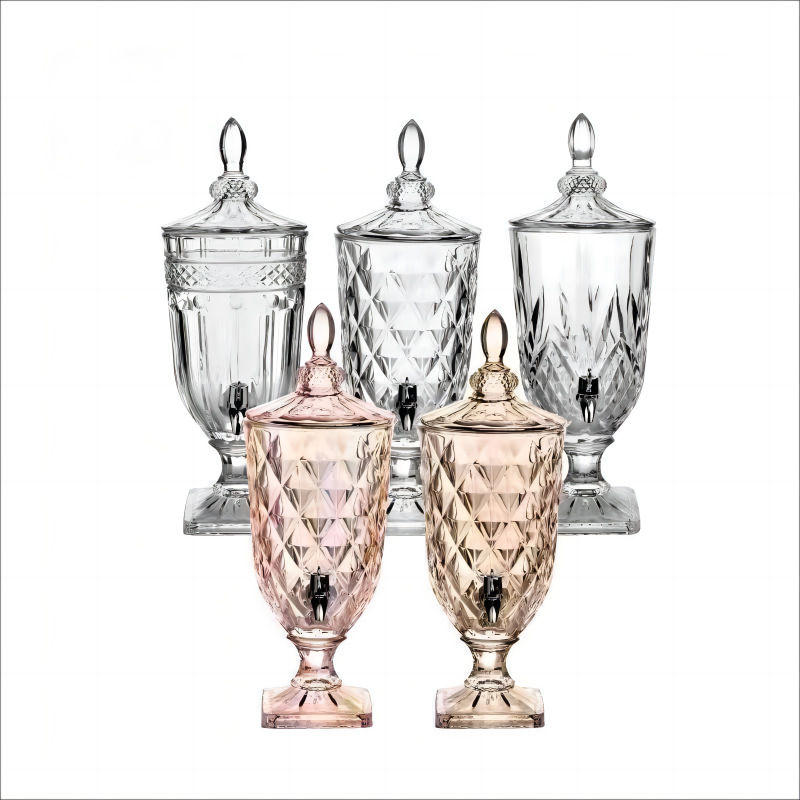 Wholesale of juice jars, glass jugs, embossed crystal juice bottles with faucets, large-capacity juice cans, transparent cold water bottles full figure