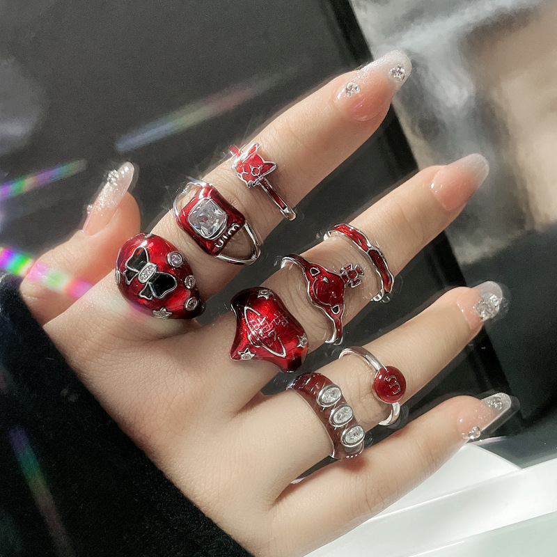 A light luxury and high-end New Year red drip glaze open ring for women, with an irregular and cold style, fashionable and sweet cool ring full figure