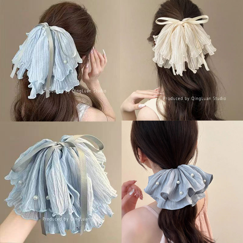 "Flowing Light Blue ~ Ice blue bow pearl clip for women with a high-end look, ribbon ponytail, half-tied hair tie, travel hairpin. full figure