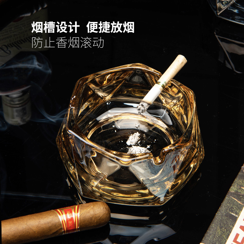 Creative high-end glass ashtray, large household European-style electroplated personalized living room bar, iridescent hexagonal ashtray full figure