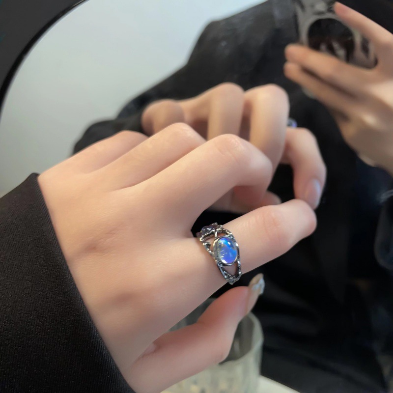 Cold and elegant moonstone open ring, a unique and niche design for women, geometric and fashionable, with a hip-hop style Specification drawing