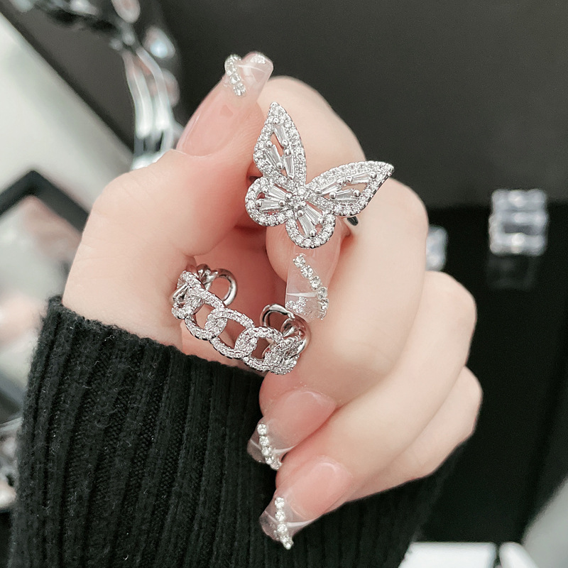 A versatile butterfly chain full-diamond open-mouth ring for daily use, sweet and cool for women on Instagram, with a cold style, light luxury and niche index finger ring trend details Picture