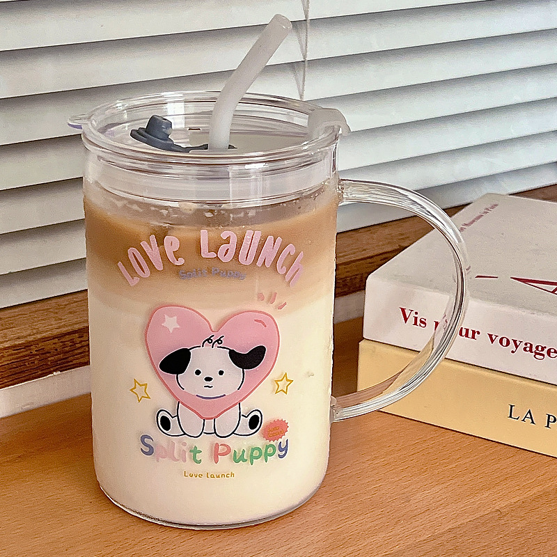 Bolimei high appearance level large-capacity glass straw cup, student dormitory drinking cup, cartoon heart dog glass cup full figure
