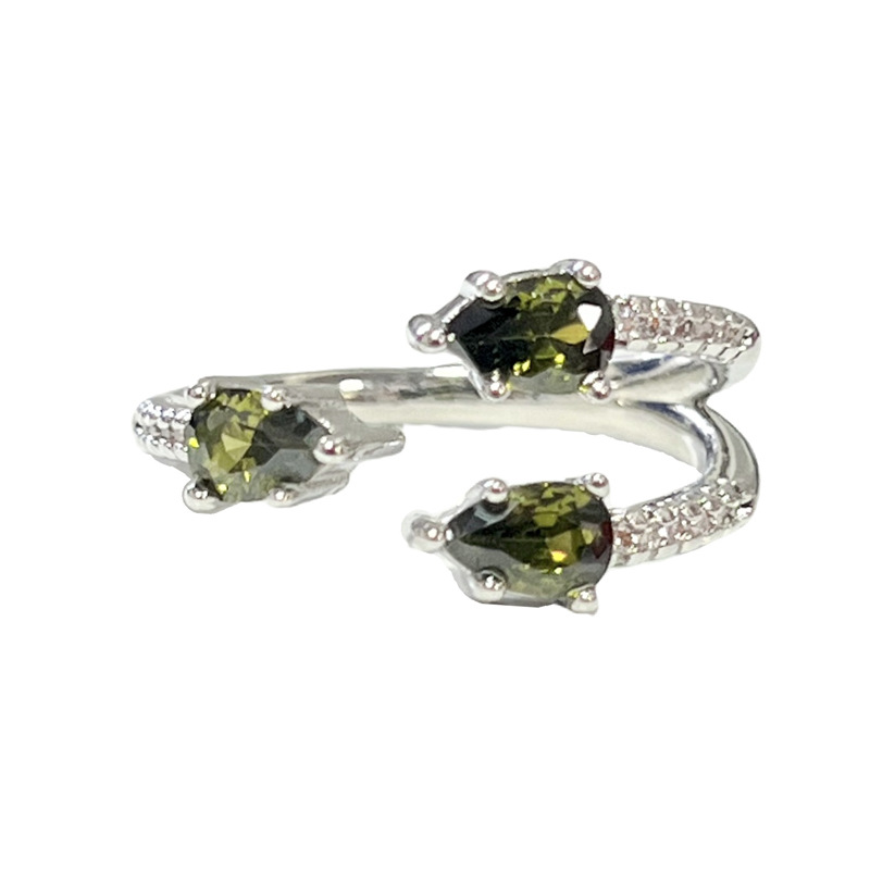 Irregular-textured pleated multi-layer open ring for women, olive green teardrop zircon, simple, light luxury and niche index finger ring Item Picture