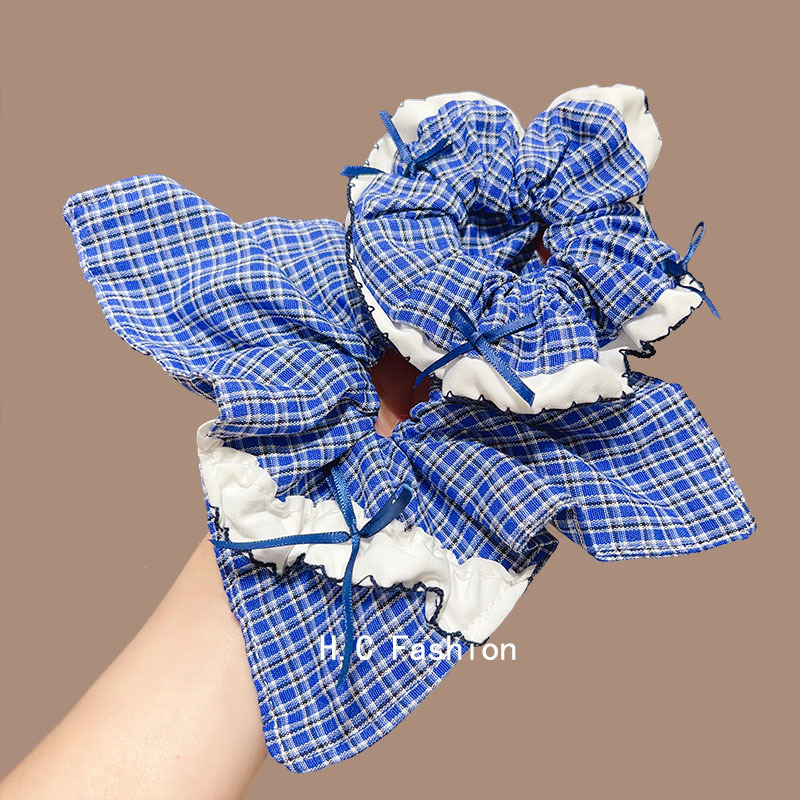 Elegant blue checkered bow tie large intestine hair band, Korean retro hair tie for women, high-end hair tie, hair band and hair accessory details Picture