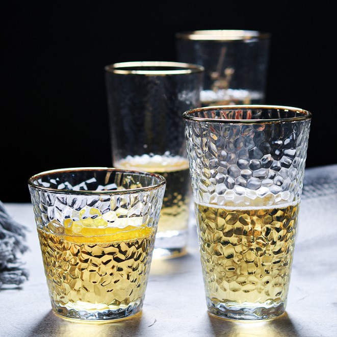 Golden edge hammer-patterned cup, Japanese hammer-patterned cup, beverage cup, glass cup, glass water cup, juice cup, transparent gilded hammer-patterned cup Application Scenario