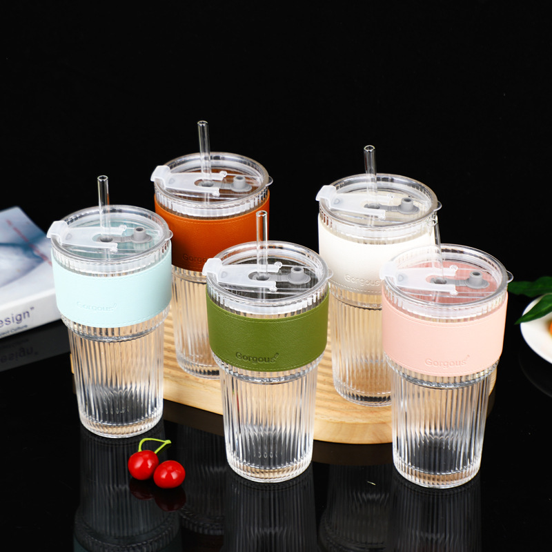 Large-capacity vertical bamboo joint cup, simple household glass straw cup, opening gift cup, InS-style straw cup with lid details Picture