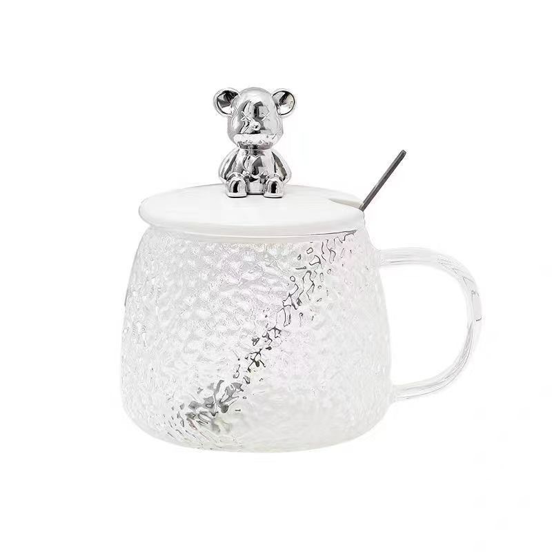 Little bear hammer-patterned glass water cup, simple and ins, high appearance level, with handle and lid, office home coffee cup mug Item Picture