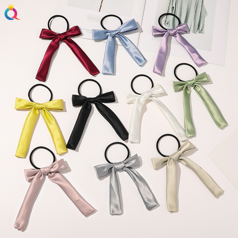 Qiyue Korean version candy-colored bow hair band, satin solid color hair tie, simple and elegant hair accessory details Picture