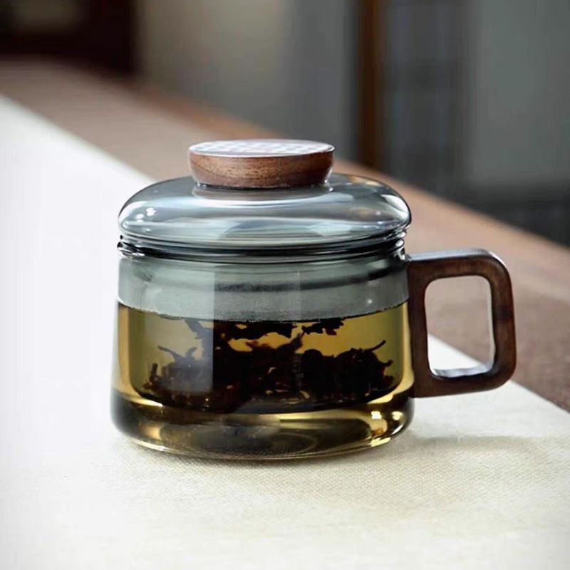 High borosilicate glass teapot, household tea sets, walnut wood glass teapot, household brewing teapot, tea sets, glass teapot full figure