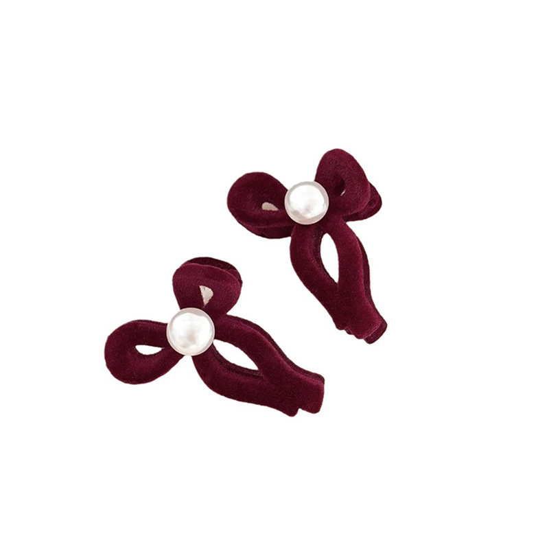 Velvet bow with pearl hairpin, small, high-end style bow hairpin for women, new spring and summer style, cute side clip Item Picture