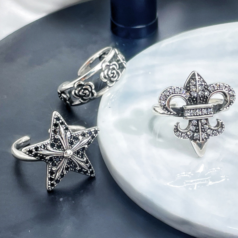 European and American niche design star cross flower retro open ring, rose androgynous style punk personality vintage ring details Picture