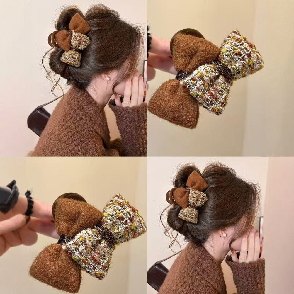 A new high-end headpiece for spring and summer, featuring a little Chanel-style bow, plush claw clip, feminine charm, and a shark clip at the back of the head Specification drawing