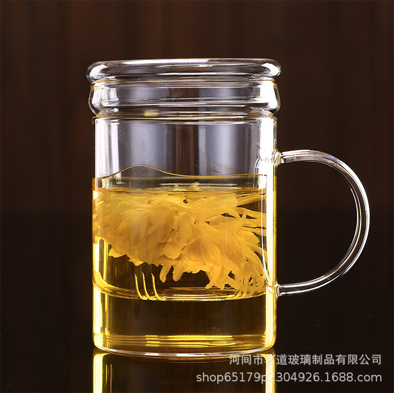 High borosilicate glass cup, transparent lid filter flower tea cup, office water cup, women's tea water separation brewing cup details Picture
