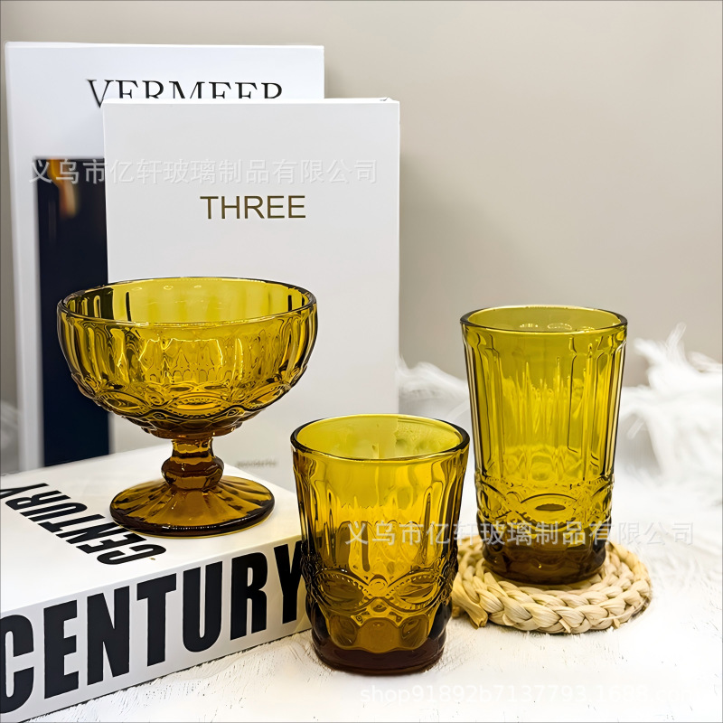 Cross-border wholesale of European-style embossed red wine glasses, colored glass goblets, beverage cups, thickened juice and milk cups, wedding Specification drawing