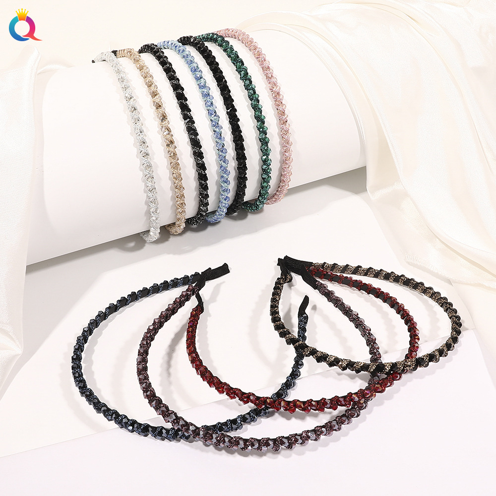 Qiyue Cross-border Amazon diamond-encrusted hair band, full drill bit band, crystal fine edge braid hair bundle, hair accessory for ladies full figure