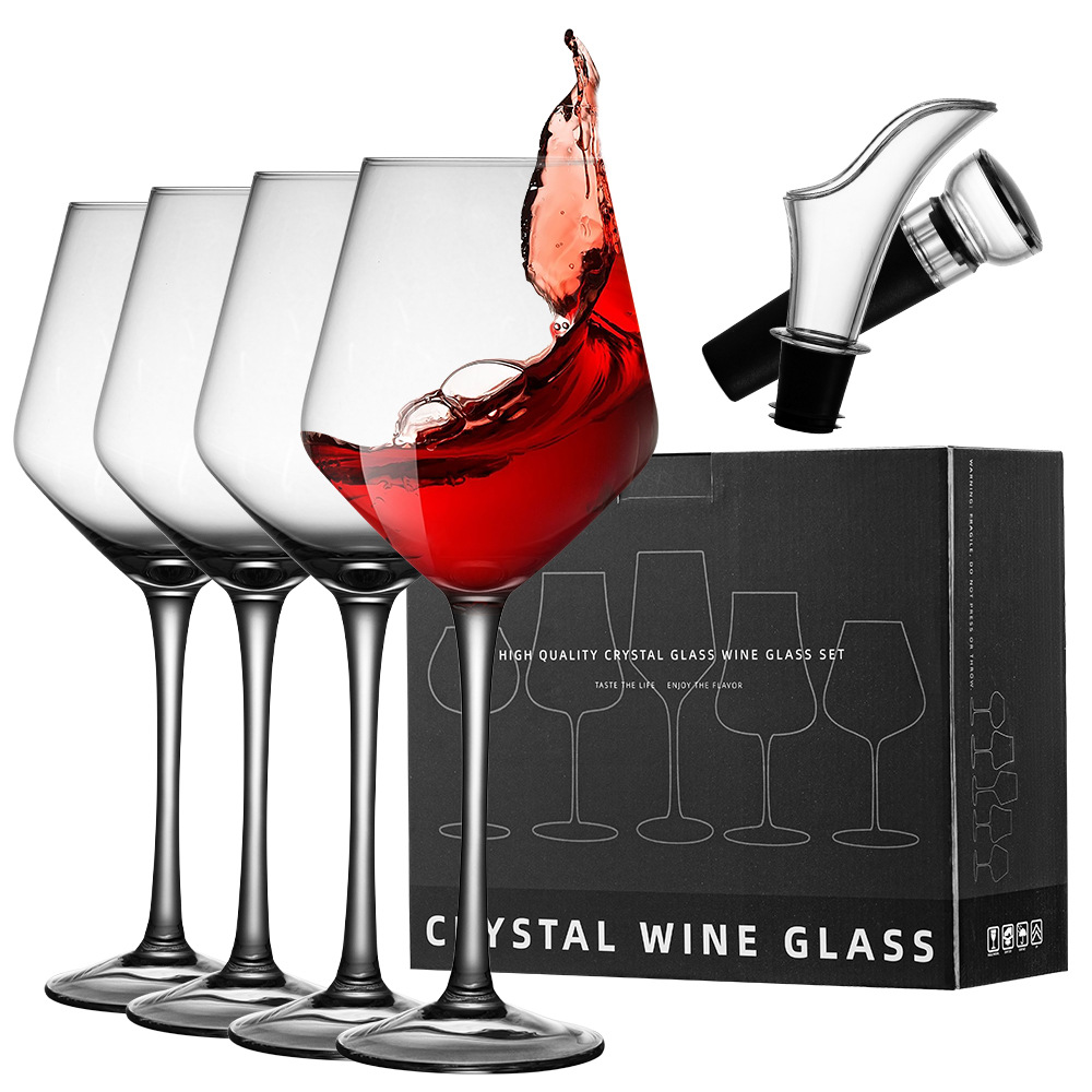 Red wine glass set, European-style glass, tall glass, creative wine glass, 4 pieces, vacuum preservation stopper, wine pouring device full figure