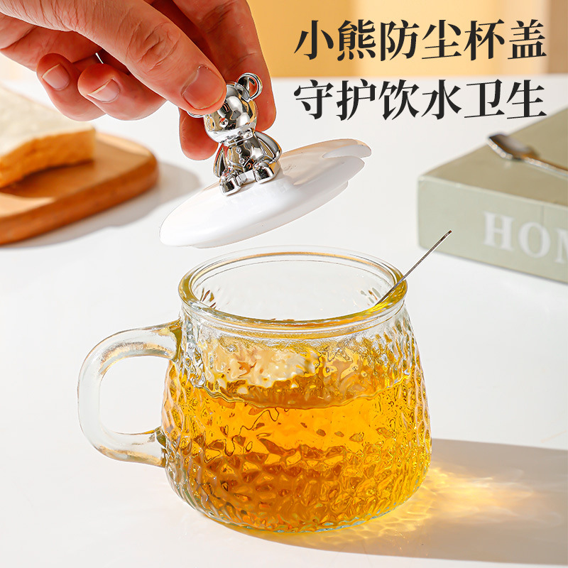 Little bear hammer-patterned glass cup, home water cup, cute and creative cup lid with handle, printed logo coffee cup Specification drawing