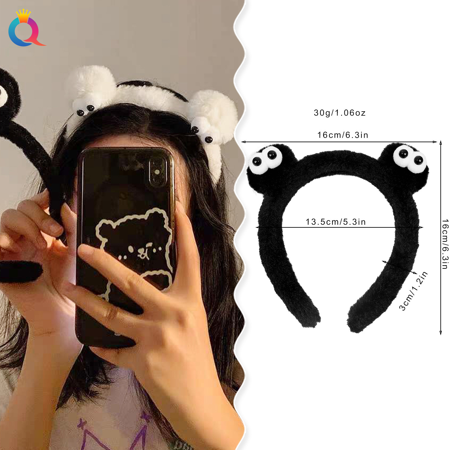 Qiyue Cross-border Cute plush coal ball hair Band, women's face washing hair pressure headband, high head top hair hole hair clip, hair accessory wholesale details Picture