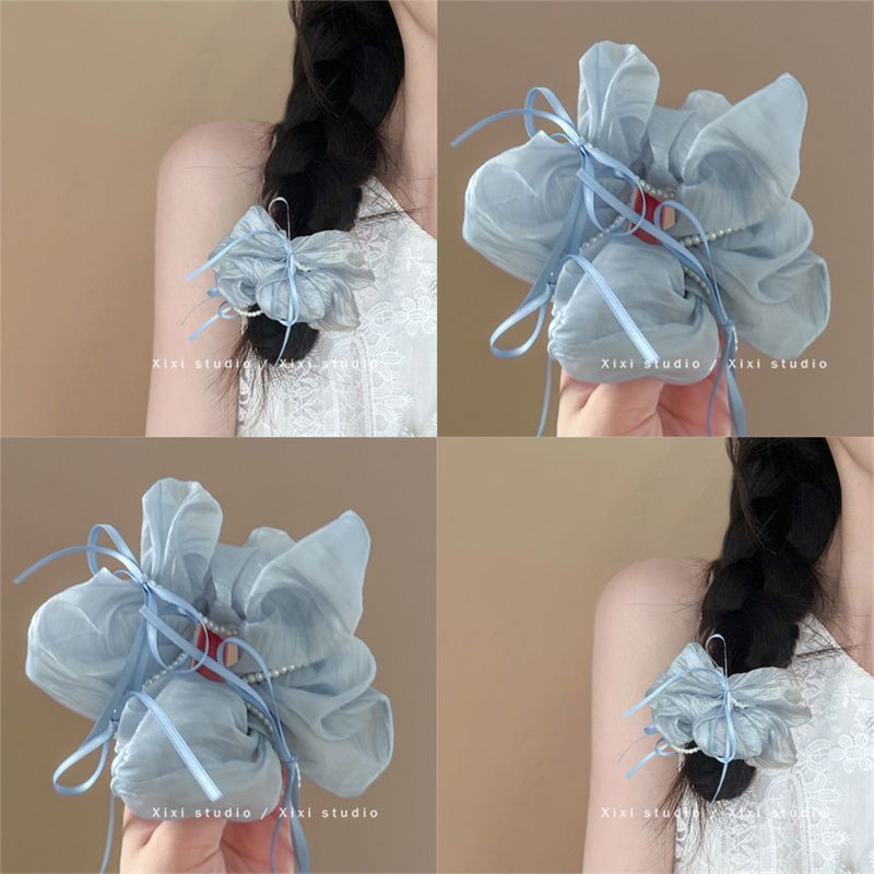 The serene starry sky! Blue butterfly pearl large intestine hair band! High-end satin hair tie ponytail updo for women full figure