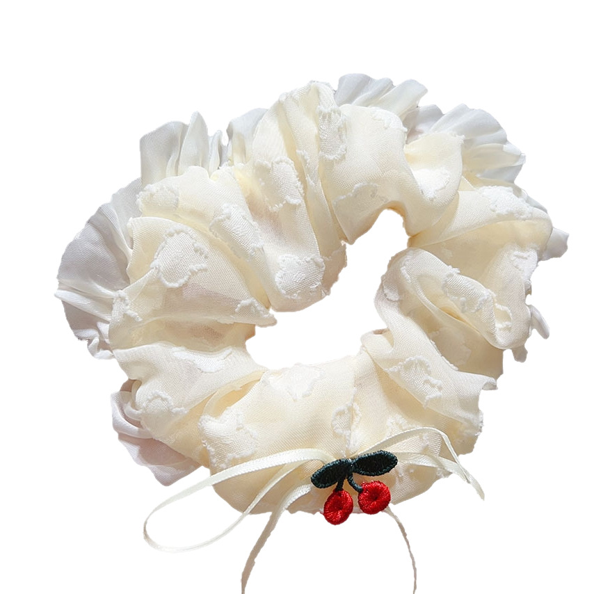 Cherry lace cream white large intestine hair band, Korean-style ins high-end look, bun hairstyle, oversized hair tie and hair accessory Item Picture