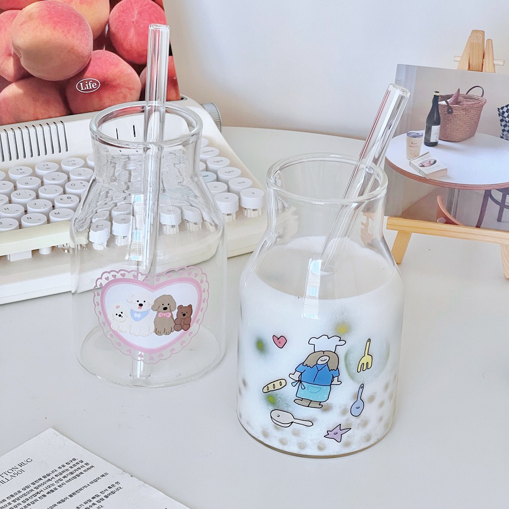 ins girlish heart glass cup, simple girls' juice cup, milk cup, coffee cup, cold brew glass bottle cup Application Scenario