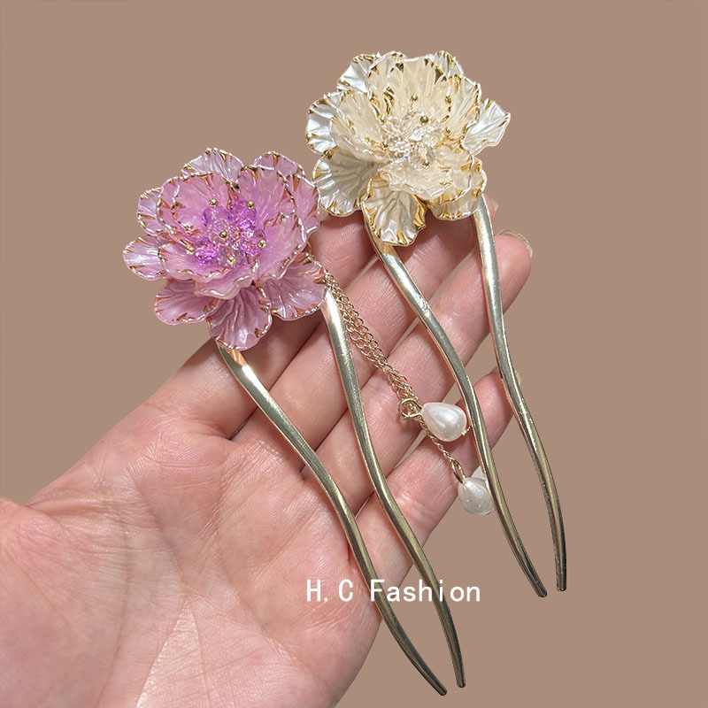 Exquisite peony-shaped tassel U-shaped hairpin for women, high-end updo hairpin, ancient-style hairpin, and hair dressing accessory details Picture