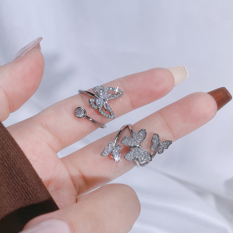 A light luxury and high-end butterfly full diamond zircon fashionable open ring, a simple and individual sweet and cool cold style index finger ring for women full figure