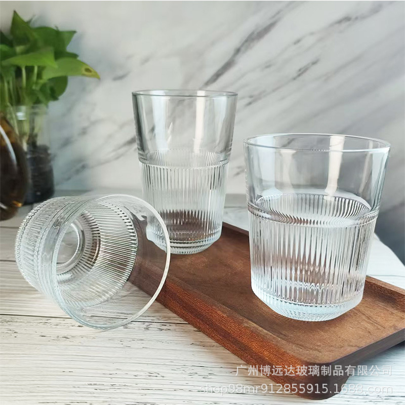 Striped stackable glass water cups, household milk breakfast cups, beverage juice cups, coffee cups, whisky beer cups details Picture