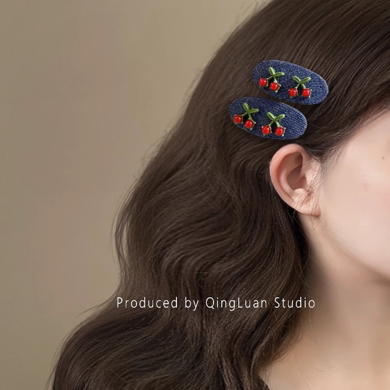 Deep blue denim fabric, red cherry rhinestone hair clips, new women's hair accessories, cute side clips, bangs clips, BB clips, duckbillon clips Application Scenario