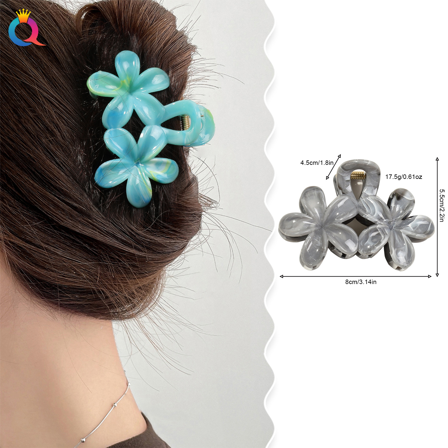 Wholesale of Qiyue Cross-border's new double-flower marble-patterned hairpins, feminine shark clips, and high-end scratch-clip headwear details Picture