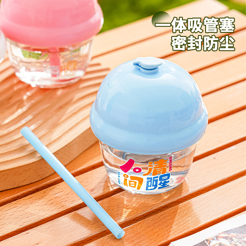 Mini glass Dwen Dwen cup, summer portable glass water cup for women, cute cartoon straw cup, student office cup Specification drawing