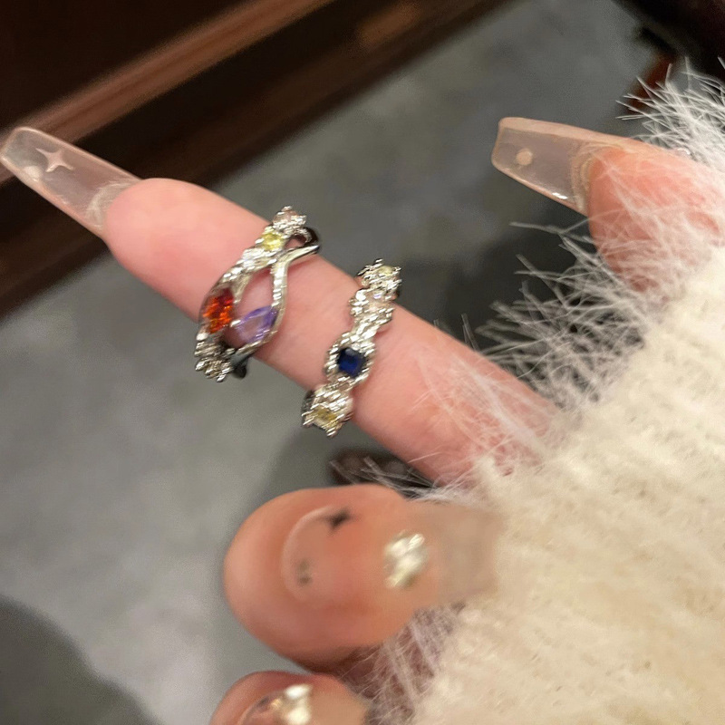 Sweet and cool colored zircon open ring for women, French exquisite layering, cold style adjustable ring, personalized index finger ring Specification drawing