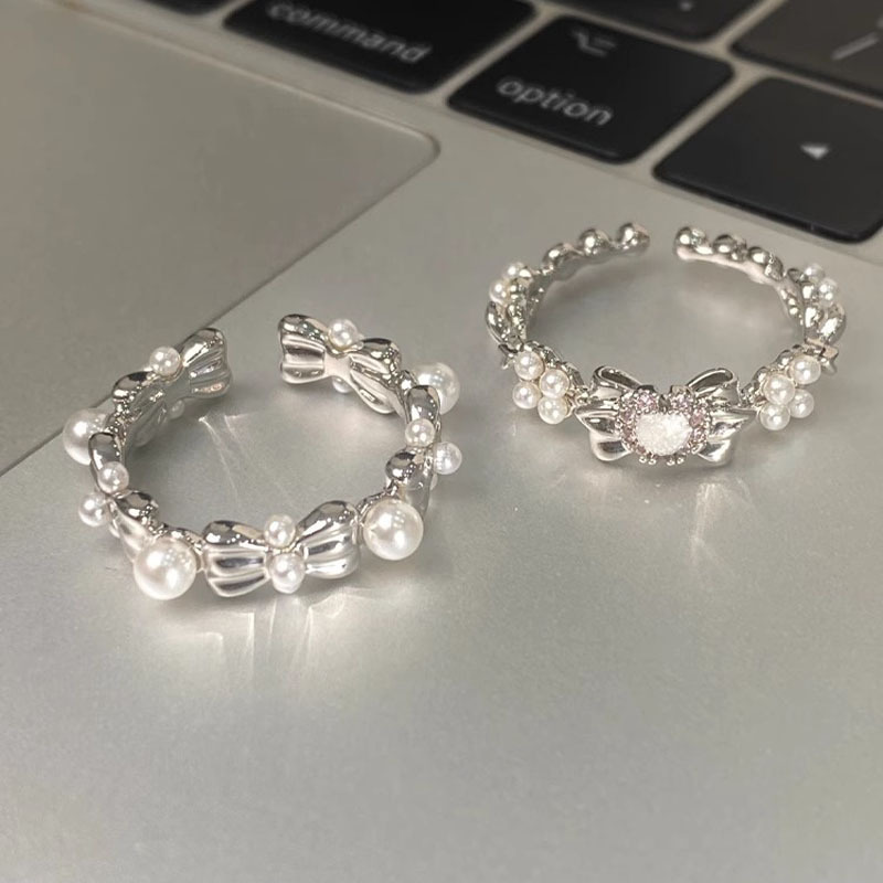 Sweet pearl bow open ring for women on Instagram, with a cold and elegant style, a high-end and unique fashion ring details Picture